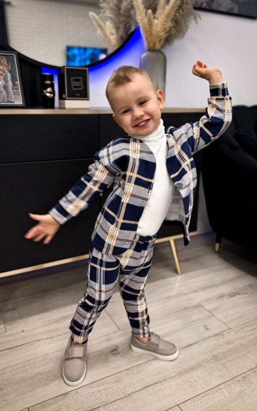 Garnitur krata granatowa z miodowymi paskami