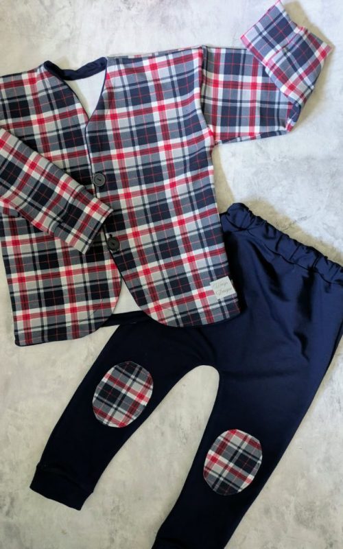 Garnitur dla dziecka – krata granatowa z czerwonym akcentem