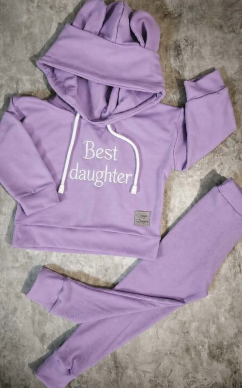 Dres dziecięcy Best Daughter z uszkami i prążkowanymi legginsami dla dziewczynki