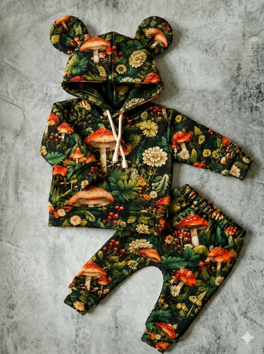 Dres dziecięcy w leśne grzyby z uszami – bluza i spodnie